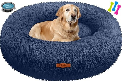 Lovpet® Hundebett Hundekissen Katzenbett Bagel, Waschbar, Inkl. Napf + 3X Kauknochen, Hundesofa flauschig Kissen Rund aus Plüsch für Kleine, Mittelgroße & Große Hunde, Katzen [XXL, Ø 80cm Navyblau]