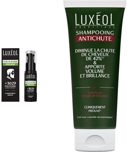LUXÉOL - Sérum Barbe Pousse - Densité & Epaisseur - Aide À La Pousse De La Barbe & Amélioration Du Poils - Fabriqué En Europe - 60ml & Shampooing Antichute - Volume & Brillance - 200ml