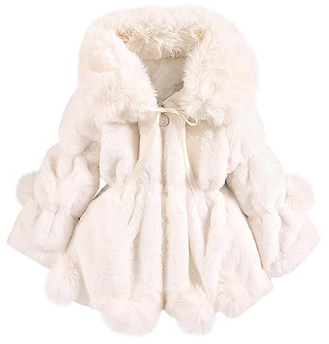 L SERVER Veste Fille Chaud en Fausse Fourrure Manteau Enfant Blouson avec Grand Col en Fourrure Epais Stylé Hiver Vêtement, Beige, 6-7 ans