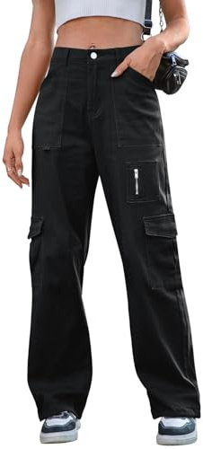 IVIR Black Cargo Pants Women Adjustable Waist Wide Leg Pants with Pocket High Waisted Trousers Trendy 2025 Black XL