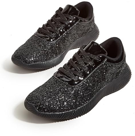 LUCKY STEP Damen Glitzer Turnschuhe Strass Sneaker Leichte Metallische Pailletten-Tennisschuhe (Schwarz, 8.5US-39EU-6UK)