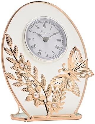 Sophia Classic Collection - Gold Butterfly Quartz Mantel Clock with Embossed Floral Design. Beautiful Home Decor Gifting for Living Room, Bedroom or Dining Room. H:16.5 x W:12.5 x D:4.5 cm