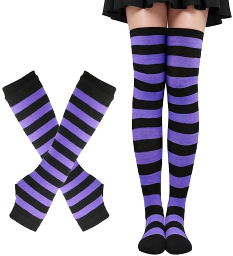 Lufdegim Calcetines largos de punto para mujer, a rayas, para disfraz de fiesta, Rayas moradas y negras, Talla única