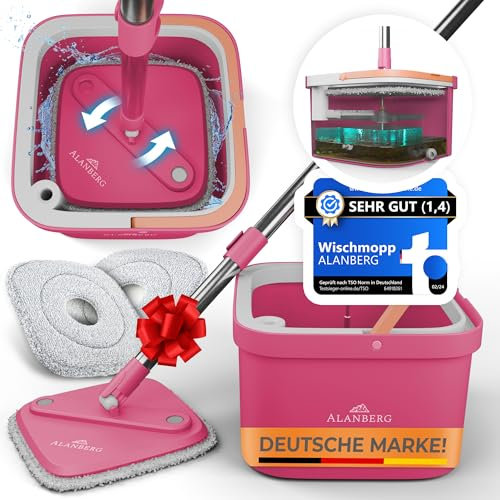 Set Mop Lavapavimenti con Secchio per Pulizia – Sistema a 2 Scomparti per Acqua Pulita e Sporca, Mocio Piatto Autostrizzante con Manico Telescopico e 2 Panni in Microfibra, Rosa - ALANBERG®