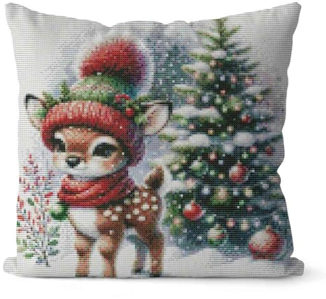 Huacan Kreuzstich Kissen Set Vorgedruckt Weihnachten Stickset DIY Hirsch Gebastelt Kissenbezug ohne Kissenkern für Anfänger Erwachsene 45x45cm