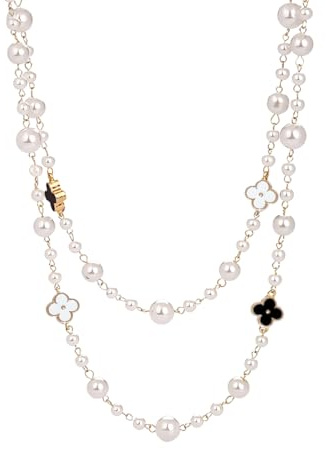 AOWVUTS Collier Perle Femme Collier Long Cristal avec Trèfle À Quatre Feuilles Collier Multi Rangs Collier de Perles Artificielles Élégant Bijoux Tendance Empilés pour Mariage Fiançailles (HB)