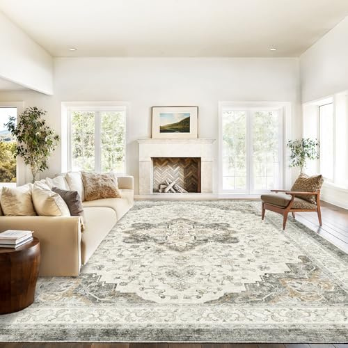 Marsail 9x12 Machine Washable Area Rug, Soft & Slip-Resistant Large Area Rug with Reinforced Bound Edges, Vintage Short-Pile Washable Rug with Floral Pattern for Living Room, Dinning Room and Bedroom