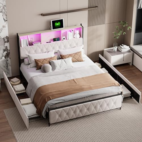 Säng 180 x 200 med förvaringsutrymme, dubbelsäng med 4 lådor, ungdomssäng, med LED-belysning och USB typ C, klädsäng, förvaringssäng med ribbotten, sammet, utan madrass (beige, 180 x 200 cm)