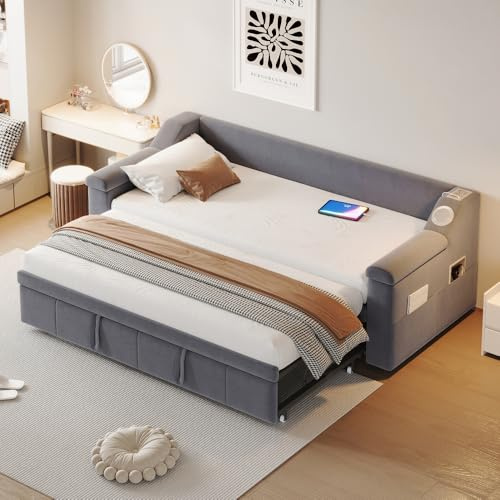 Zubaliya Canapé Lit 2 Place 90/180x190 avec USB et Bluetooth et Rangement, Lit Double Rembourré Extensible avec Accoudoirs Plus Larges épais et Sommier à Lattes, Cadre de Tissu Velours(sans Matelas)