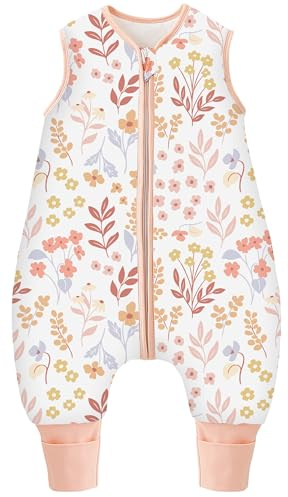 Chilsuessy Winter Baby Sleeping Bag with Feet 2.5 TOG Warm Baby Sleep Sack with Legs 100% Cotton Toddler Wearable Blanket Walker Sleep Sack for Boys and Girls, 2.5 Tog/Pink Plants, 70cm/6-18 Months