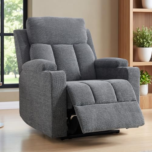 EBELLO Recliner Armchair, Manual Recliner Chair with Cup Holder and Soft Headrest, Sofa Chair with Armrests and Soft Cushion, Adjustable Backrest and Footrest, for Living Room, Grey