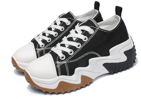 GHARIE CHAMPIONS Women’s Platform Trainers – Chunky Sole Canvas Sneakers Lace Up Walking Shoes, Lightweight Breathable Non Slip Casual Footwear