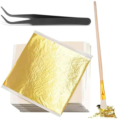 YOYEAH 200 Fogli Foglia Oro Commestibile 14x14cm, Carta Lamina Oro per Decorazione Torte/Artigianato/Pittura, incl. Pinzette + Pennello, Oro Imitazione 24 Carati