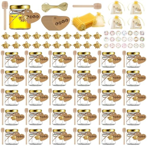 JOTOL 30 pezzi Mini Vasetti Miele,esagonale vasetti di vetro miele da 45ml con coperchio a vite,Mini Vasetti per Miele Esagonali coperchi dorati,pendenti a forma di ape