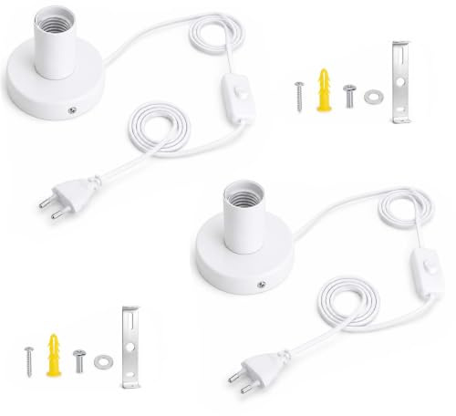 2 Piezas Portalamparas E27 con Interruptor, Base Blanca para Lampara E27 Sin Pantalla - Cable 1,8 m con Enchufe Europeo, max 60 W para Mesa, Mesita y Decoración Retro
