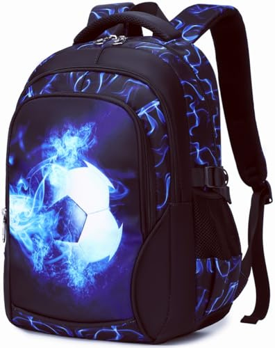 SOMBLG Boys Backpack For Kids Elementary Middle School Bookbag Waterproof School Bags 18 Inch (1-Blue Soccer)