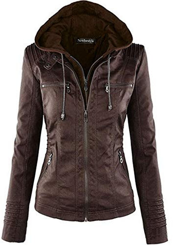 Newbestyle Kunstlederjacke für Damen, Motorradjacke, Bikerjacke, durchgehender Reißverschluss, plissiert, lässiger Mantel, warme Oberteile, dunkelbraun, 38