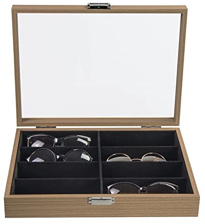 Grinscard Boîte à lunettes MDF 8 compartiments - env. 35 x 26 x 7 cm, Brun | Boîte à lunettes avec couvercle en verre