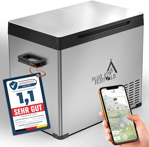 PLUG IN FESTIVALS elektrische Kühlbox - 2 Fächer Kompressor Kühlbox 12v 230v - bis -20 Grad & App-Steuerung - Gefrierbox Auto & Camping - DUAL Ice Cube elektrisch (38 Liter)