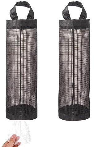 2 Pieces Black Plastic Bag Holder,Breathable Mesh Hanging Grocery Bag Holder Holder Storage Bag Dispenser,Foldable Mesh Hanging Storage Bag Dispenser Plastic Shopping Bag Dispenser for Home Kitchen