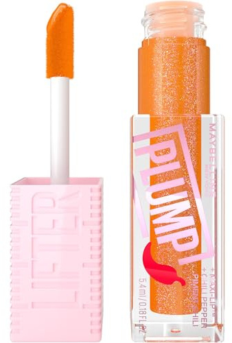 Maybelline New York, Lifter Plump Lip Gloss, Lasting Plump, Heated Formula with Hyaluronic Acid and Chilli Pepper, XL Wand, Vegan Formula, Shade: 008 Hot Honey