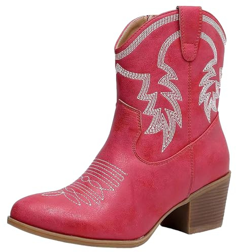 ANUFER Women's Mid Calf Cowboy Boots Embroidered Block Heel Side Zipper Western Shoes