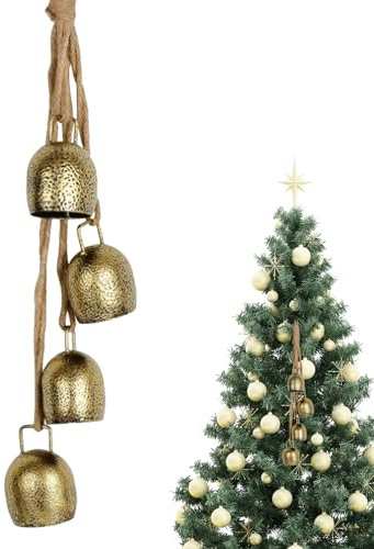 Goldene Weihnachtsglocken Vintage 4 Glocken rustikale hängende Kuhglocken mit Seilglocke für Türgarten Haus Weihnachten Glocken Dekorationen runde Hexenglocken 16.5 Zoll