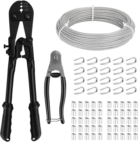 TooTaci 1/8 Stainless Steel Cable Wire Rope, 100ft Vinyl Coated Steel Cable with Wire Rope Crimping Tool & Cutter, Metal Wires for Garden Trellis, Clothesline, String Lights Hanging, Curtain