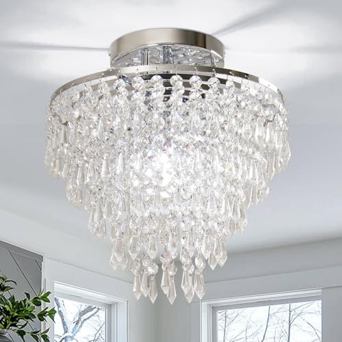 FRIXCHUR 11.8 Crystal Chandelier Chrome Flush Mount Ceiling Light 5 Tiers Raindrops Silver Chandeliers for Bedroom Hallway Living Room,E27 Base