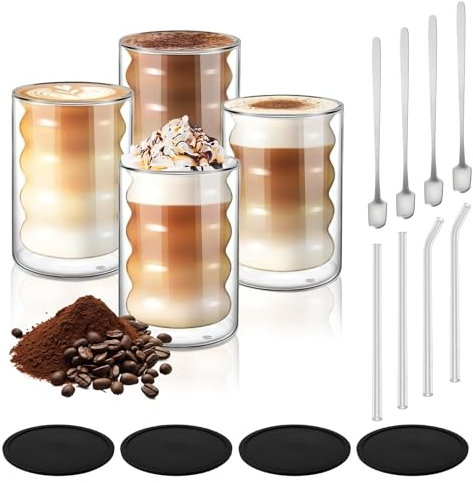 LUOJINYI Latte Macchiato Gläser,Set of 4 Doppelwandige Kaffeegläserr,Double-Walled Glasses with 4 Spoons and 4 Coasters,Latte Macchiato Gläser Doppelwandig for Cappuccino, Latte, Tea, Coffee