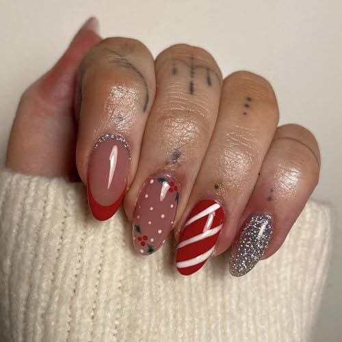 Ceboic Christmas False Nails Almond Medium, 24PCS Red French Tip Press on Nails Candy Stripes Pattern Fake Nails, Silver Shiny Glossy Full Cover Glue on Nail Artificial Stick on Nail for Women