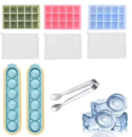 Wisebom 5 Piezas Bandejas de Cubitos de Hielo, Silicona Moldes para Cubitos de Hielo Cubiteras para Hielo Cubitera Silicona con Tapa Pinzas Hielo para Bebés Whisky Cócteles