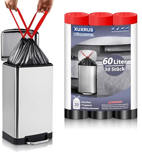 XUXRUS Sacchetti per la spazzatura, 60 l, con cordino, con maniglia per il trasporto, grandi sacchi della spazzatura, 30 pezzi