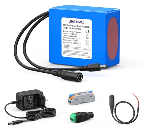 NASTIMA de 6400mAh y 71,04Wh 12V Batería Recargable de Iones de Litio Apta para Cámaras, Videocámaras, Reproductores MP3, Teclados Electrónicos, Cámaras CCTV, Routers, etc. Incluye Cargador y Conector