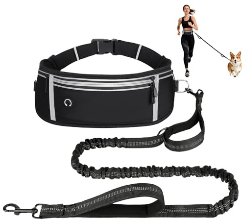 OFFCUP Hands Free Dog Lead with Adjustable Waist Belt, Reflective Waist Dog Lead for Running, Walking, Jogging, Hiking with Dual Handles and Durable Bungee (B)