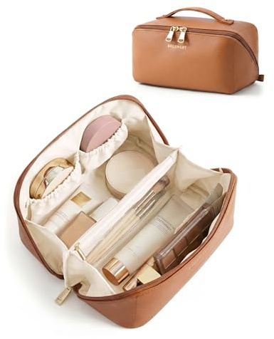 BAGSMART Makeup Bag Travel Cosmetic Bag, Large Make Up Bag Flat Open Toiletry Bag for Women, PU Leather Travel Essentials Organizer Case, Wide-open Pouch Purse for Skincare, Brushes, Classic Brown