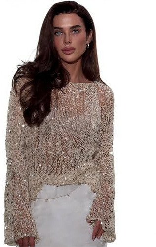 LSFYSZD Women Sequin Crochet Knit Blouse Tops Summer Sheer Mesh Swimsuit Cover Ups Long Sleeve Boat Neck Sweaters See Through Pullover Jumpers (Champagne, L)