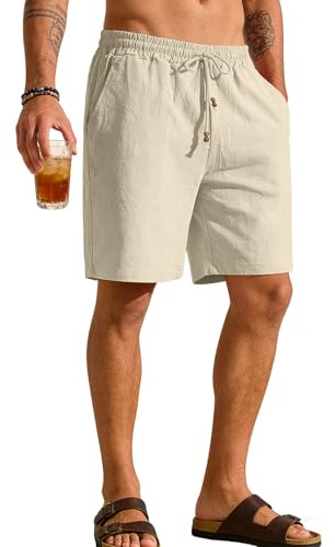 QUNERY Pantalones Cortos Hombre de Lino Casual Bermudas Hombre Cordón Ajustable y Bolsillos Elástico Running Correr Fútbol Caqui XL