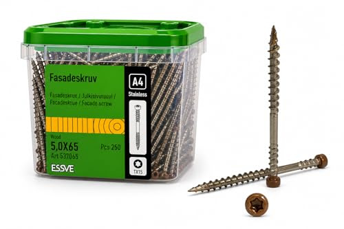 ESSVE Fasadskruvar 5,0 x 65 mm A4 rostfritt stål TX15 med borrspets, cylinderhuvud, RAL8003 – 250 stycken, rostfria C5, för träbeklädnad utomhus, korrosionsbeständiga