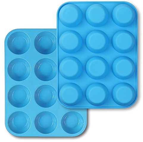 homEdge 12-Cup Silicone Muffin Pan, Pack of 2 Non-Stick Muffin Molds, Baking Pan for Cupcake, Tarts, Egg Bites-Blue