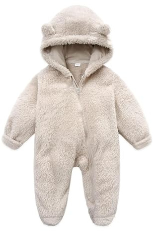 Fairy Baby Baby Snowsuit, Newborn Infant Baby Hooded Romper Fleece Snowsuit Cartoon Jumpsuit Fall Winter Outfits (0-3M, Beige)