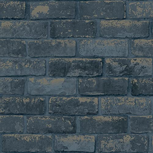 Debona Metallic Navy Blue Brick Wall 3D Effect Rustic Stone Feature Wallpaper 10m Roll 6756