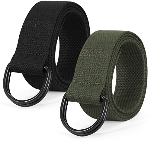 SUOSDEY 2 Pack Mens Canvas Belt with Double D-Ring,Durable and Adjustable Casual Web Belt with Metal Buckle for Jeans Black Army Green