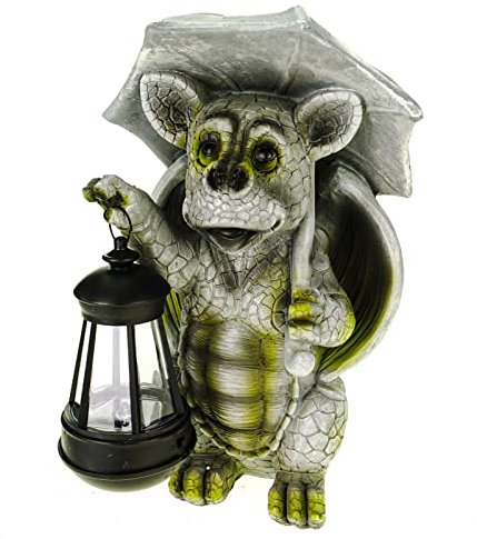 Kremers Schatzkiste Drachenkind mit Solarlaterne + Schirm Drache Figur Gargoyle Gartenfigur