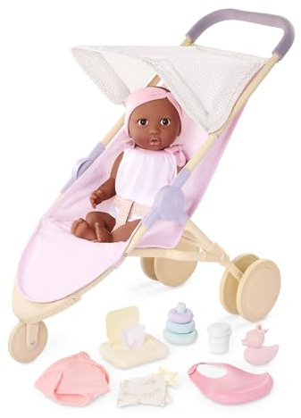 LullaBaby muñeca bebé con Cochecito Tipo Jogging y Accesorios | Muñeca bebé de 36 cm con ojos marrones y cuerpo blando, con cochecito tipo jogging y accesorios de cuidado, 2 años y +