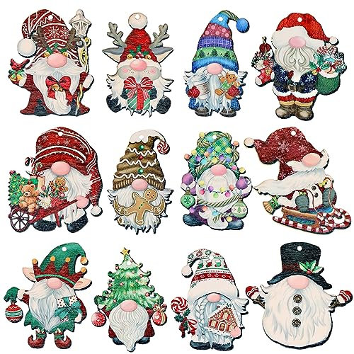 GWHOLE Colgantes de Navidad 24pcs Decoraciones para Árbol de Navidad Adornos de Madera para Árbol de Papá Noel Mini Enano Decoración de 12 Tipos con Hilo 10m