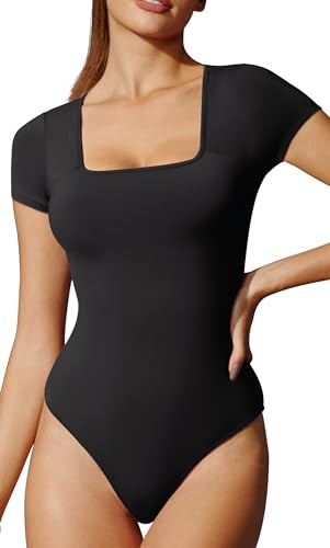 IUGA Short Sleeve Bodysuits for Women Tummy Control Square Neck Bodysuit Women's Slimming Basic Body Suit Tops Black