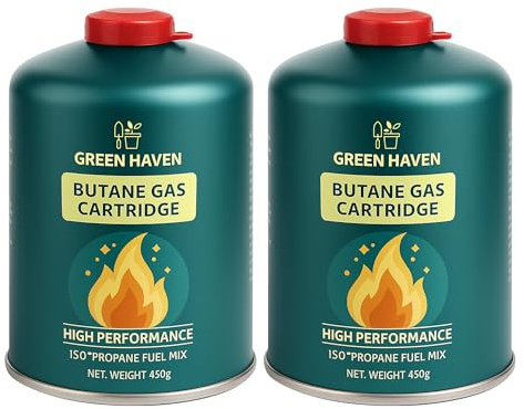 Green Haven Premium C500 Gas Canisters - 2 Pack Gas Cartridges for Camping Stoves & More, High Performance Propane-Butane- Isobutane Mix with Resealable Valve Cartridges, EN417 Cartridge (2 Pack)