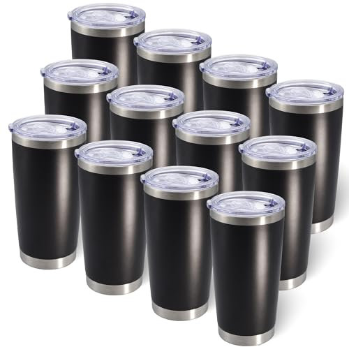 AIANJI 20oz Tumbler Bulk Stainless Steel Tumblers with Lid Vacuum Insulated Double Wall Travel Coffee Mug Powder Coated Tumbler Cup for Hot and Cold Drinks(Black, 12 pack)