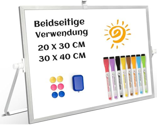 QUEENLINK Whiteboard Magnetisch, Beidseitige Verwendung Desktop Magnettafel klein, White Board Klein mit Ständer 30x40cm Schreibtafel Abwischbar